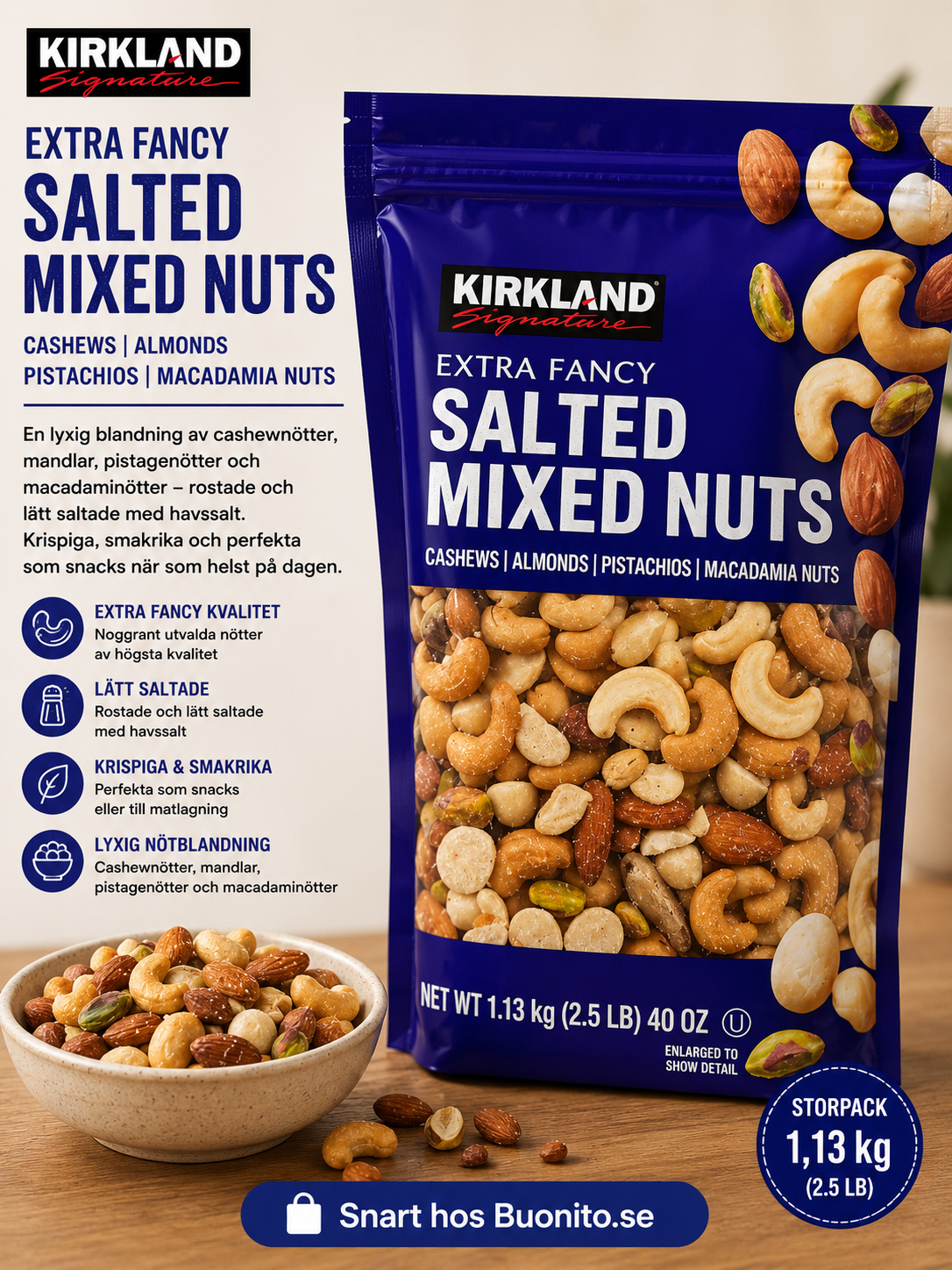 Kirkland Signature Cashewnötter med havssalt – 1,13 kg